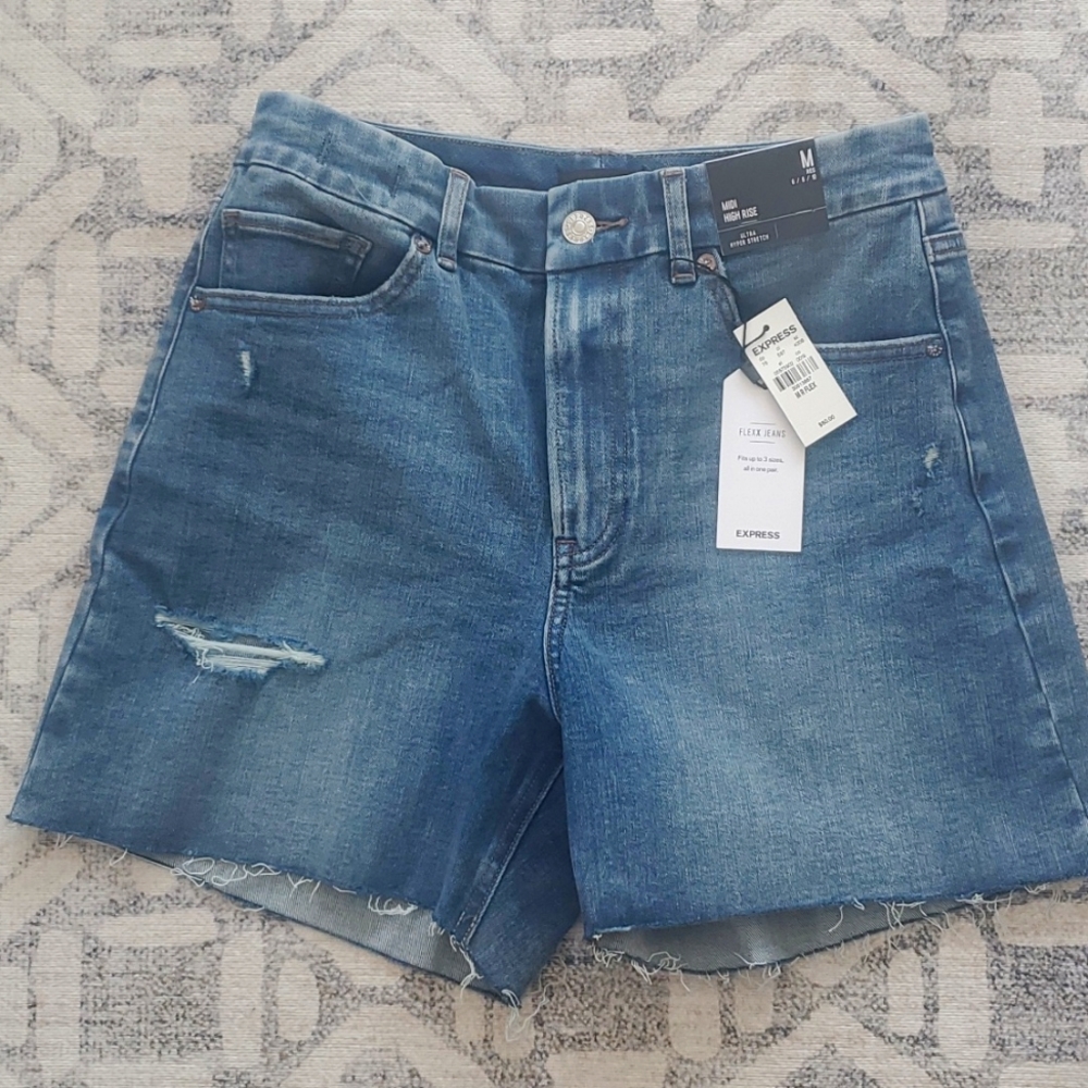 Express midi high rise distressed denim shorts
